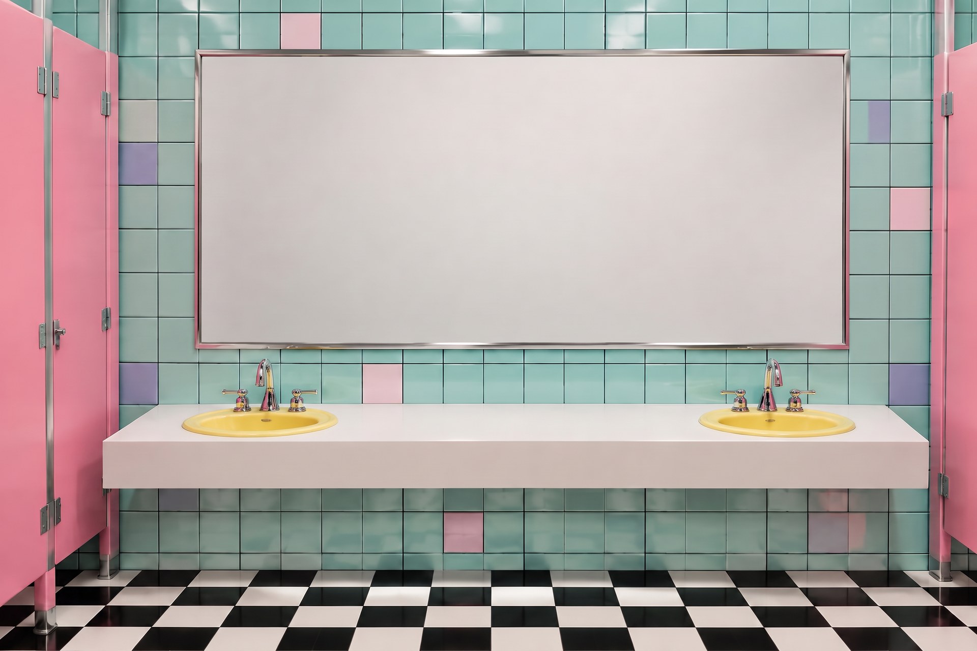 Illustrative retro bathroom with pink stalls, mint tiles, a mirror, and yellow sinks